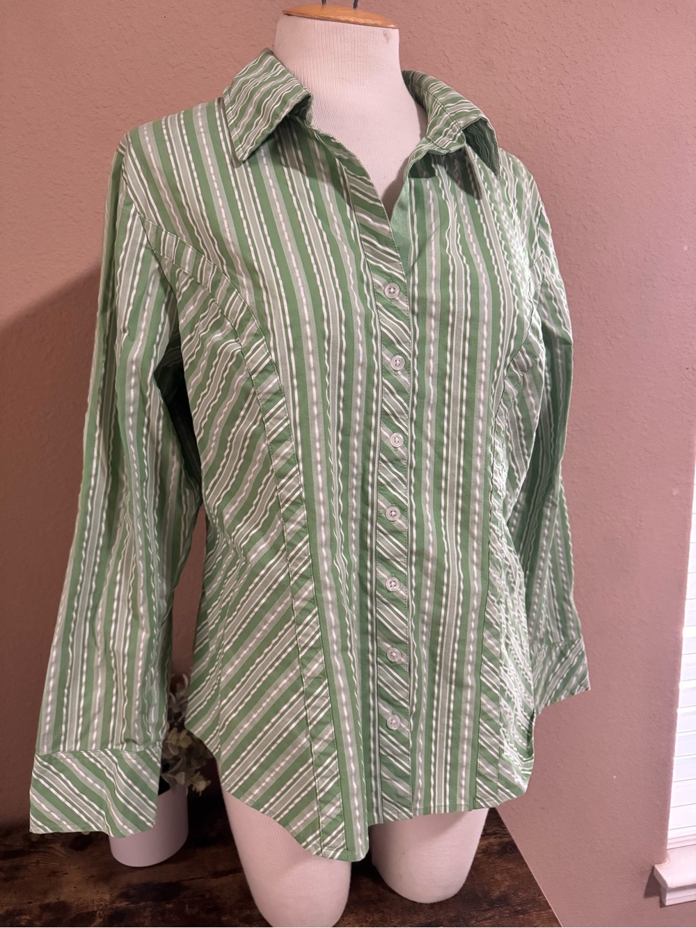 Lane Bryant Green and White Striped Button-Down Shirt